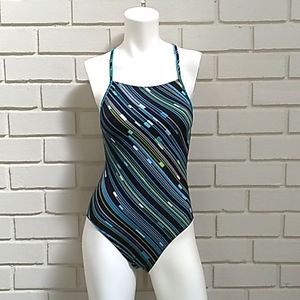 One Piece Multicolored Striped Swim Suit. Size Small/30